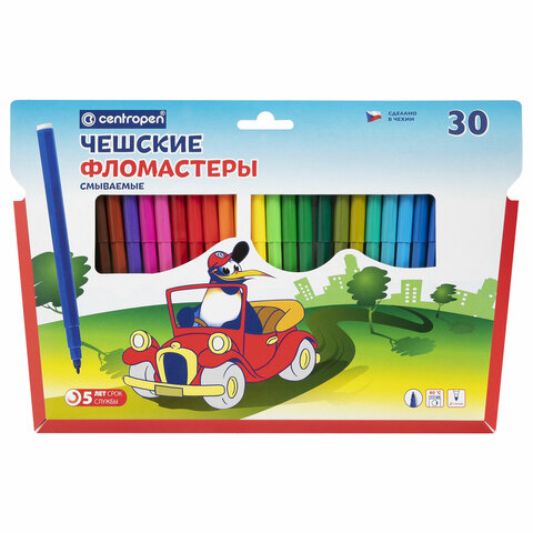 фломастеры 30 цветов centropen "пингвины", смываемые, вентилируемый колпачок, 7790/30et, 7 7790 3086