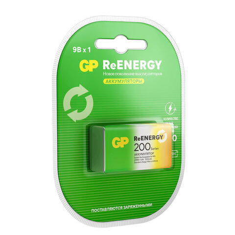 батарейка аккумуляторная gp reenergy ni-mh 1 шт., "крона" (20r8h 9v), 200 mah, 20r8hrgy-2crcb1
