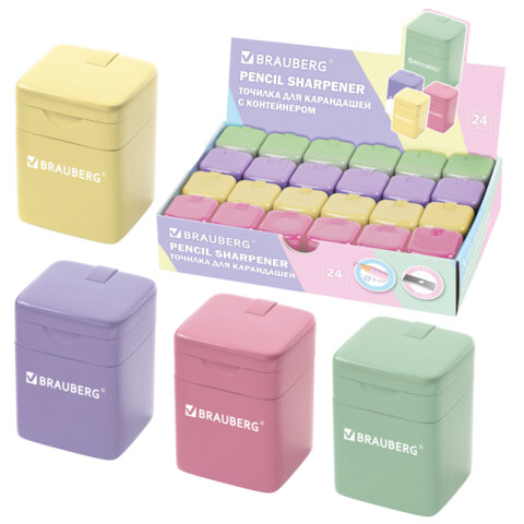 точилка кросс-серия "pastel", с контейнером, корпус ассорти, brauberg, 273255