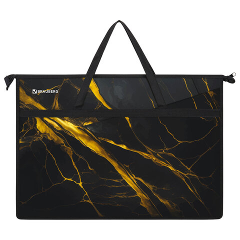 папка для рисунков и чертежей с ручками brauberg а3, пластик, молния сверху, "black&gold marble", 27