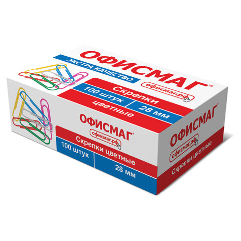 скрепки экстра офисмаг 28 мм цветные 100 штук, 271316