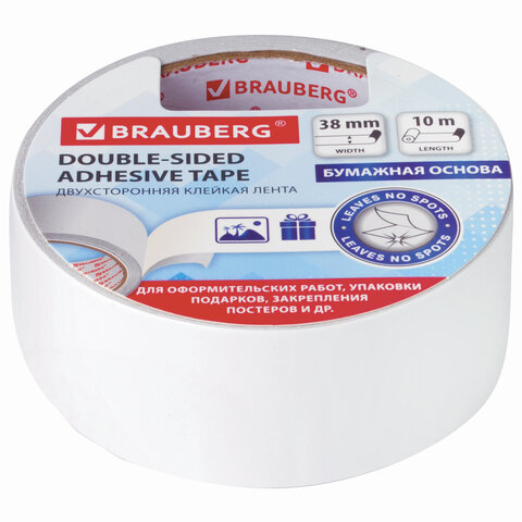клейкая двухсторонняя лента 38 мм х 10 м, бумажная основа, brauberg, 229056