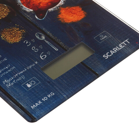 весы кухонные scarlett sc-ks57p68, электронный дисплей, max вес 10 кг, тарокомпенсация, стекло