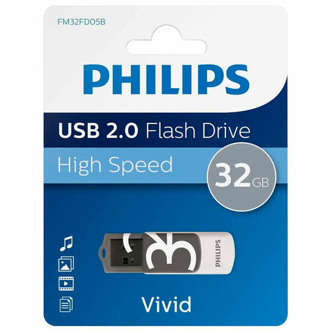 флеш-диск 32 gb philips vivid, разъем usb 2.0, черный, fm32fd05b/97