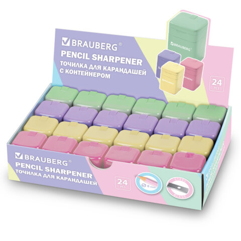 точилка кросс-серия "pastel", с контейнером, корпус ассорти, brauberg, 273255