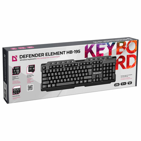 клавиатура беспроводная defender element hb-195 ru, usb, 114 клавиш, черная, 45195