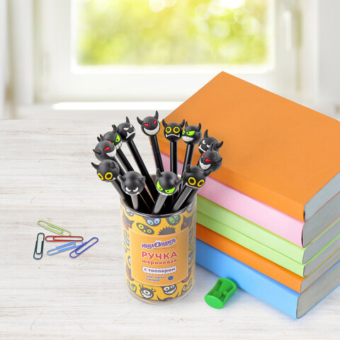 ручка с топпером шариковая юнландия "чертёнок", корпус ассорти, синяя, пишущий узел 0,7 мм, 143812