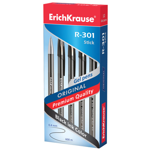 ручка гелевая erich krause "r-301 original gel", черная, корпус прозрачный, узел 0,5 мм, линия письм