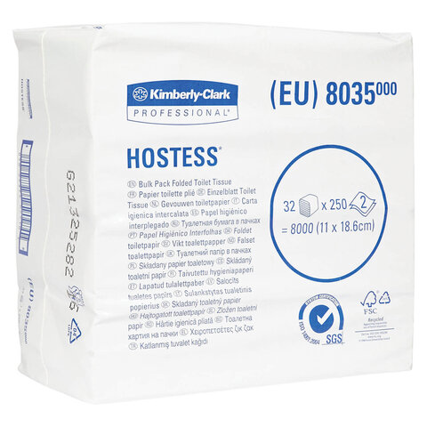 бумага туалетная листовая kimberly-clark hostess комплект 32 шт., 250 листов, 18,6х11 см, 2-слойная,