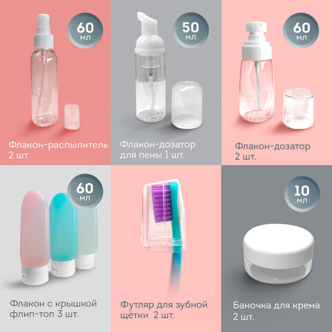 дорожный набор флаконов в косметичке, 10 флаконов (3х60 мл / 5х50 мл / 2х10 мл), daswerk (дасверк), 