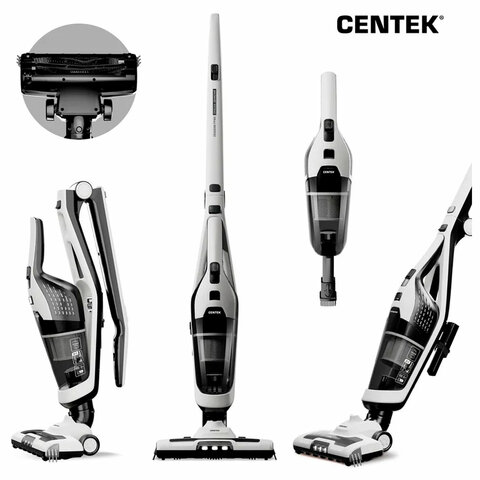 пылесос вертикальный беспроводной centek ct-2567, 2 в 1, мощность 350 вт, контейнер 0,6 л, белый