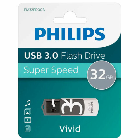 флеш-диск 32 gb philips vivid, разъем usb 3.0, черный, fm32fd00b/97