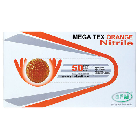 перчатки нитриловые сверхпрочные с текстурой sfm mega tex orange, германия, 25 пар (50 штук), m