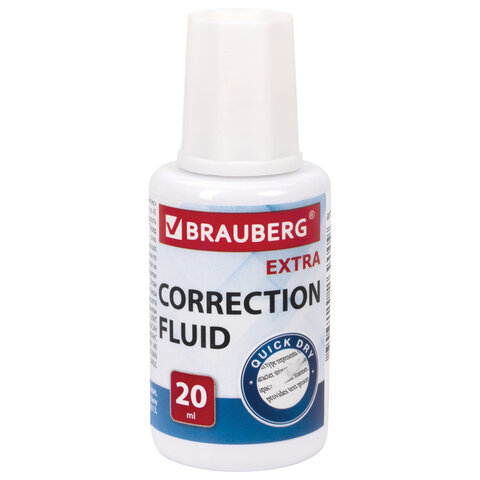корректирующая жидкость brauberg extra быстросохнущая, 20 мл, с кисточкой, 229397