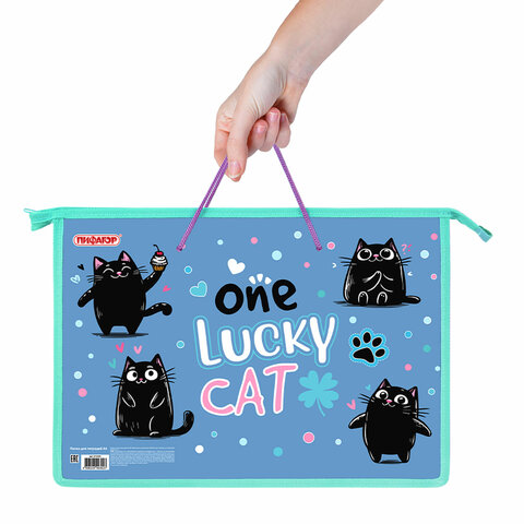 папка на молнии с ручками пифагор а4, 1 отделение, пластик, ручки-шнурок, "funny cats", 273353