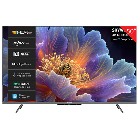 телевизор skyworth 50q66h, 50" (127 см), qled+, 3840x2160, 4k, 16:9, google tv, wi-fi, черный