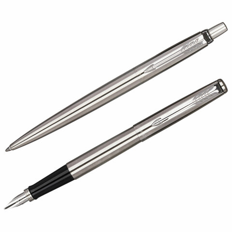 набор parker "jotter stainless steel gt": шариковая ручка синяя и перьевая ручка синяя, 2093258