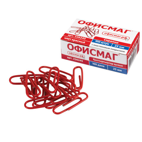 скрепки офисмаг, 25 мм, красные, 100 шт., в картонной коробке, 226245