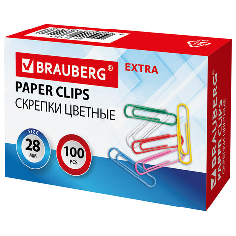 скрепки extra brauberg 28 мм цветные 100 штук, 271313