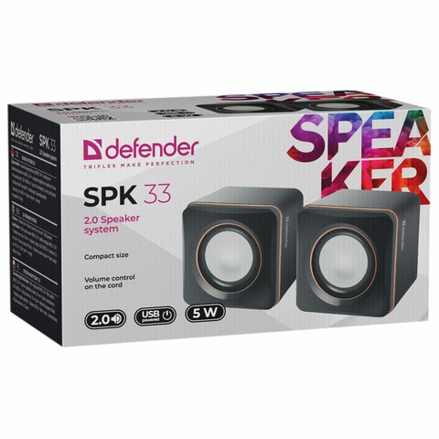 колонки компьютерные defender spk-33, 2.0, 5 вт, 3,5 мм джек, пластик, черные, 65633