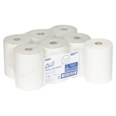 полотенца бумажные рулонные kimberly-clark scott, комплект 6 шт., slimroll, 190 м, белые, 6697