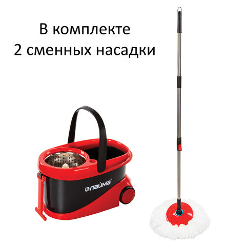 швабра с отжимом и ведром 19л/9л на колесах и ручкой для перевозки, отжим центрифуга, 2 круглые насаM029B