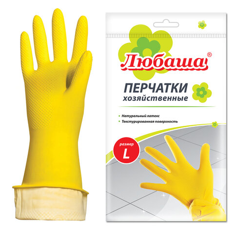 перчатки многоразовые латексные любаша "эконом", хлопчатобумажное напыление, размер 8-9, l (большой)