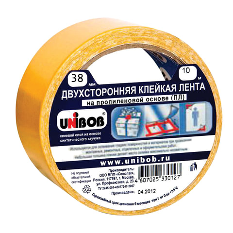 клейкая двухсторонняя лента 38 мм х 10 м, полипропиленовая основа, unibob, 38566