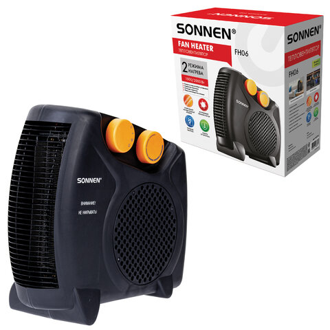 тепловентилятор sonnen fh06, 1000/2000 вт, 2 режима нагрева, режим вентиляции, черный/оранжевый, 457