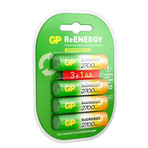 батарейки аккумуляторные gp reenergy ni-mh комплект 4 шт. (промо 3+1), аа (hr6), 2600 mah, 270aahc3/