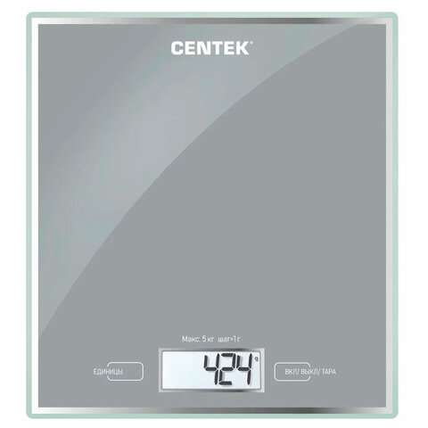 весы кухонные centek ct-2462 silver, электронный дисплей, max вес 5 кг, тарокомпенсация, стекло, ct-