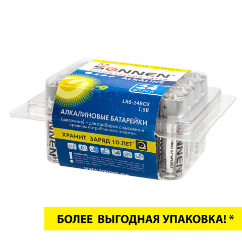 батарейки комплект 24 шт., sonnen alkaline, аа(lr6, 15а), алкалиновые, пальчиковые, короб, 455095