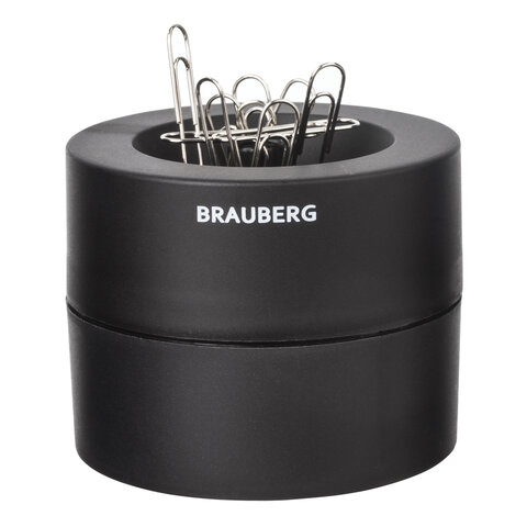 скрепочница магнитная brauberg с 30 скрепками, большой бочонок, черная, 225191