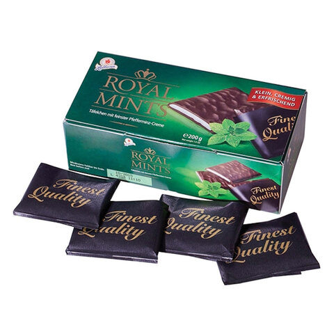 шоколад порционный halloren "royal mints" с мятной начинкой, 200 г, картонная коробка, 40659