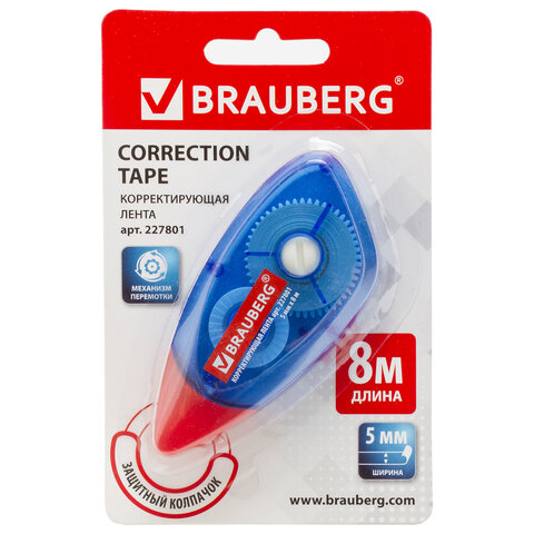 корректирующая лента brauberg, 5 мм х 8 м, корпус синий, механизм перемотки, блистер, 227801