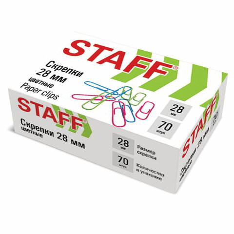 скрепки staff 28 мм, цветные, 70 штук, 271708