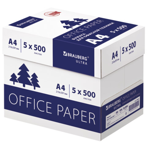 бумага офисная а4, 80 г/м2, 500 л., марка с, белизна 146% (cie), brauberg ultra, 116407