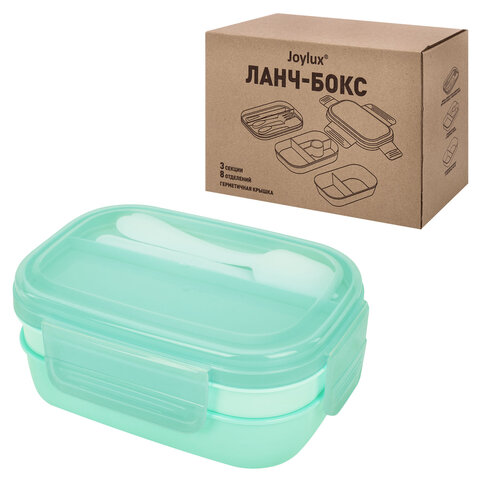 ланч-бокс контейнер, 3 секции, 8 отделений, 1,9 л, ложка, вилка, нож, 10х21х14 см, мятный, joylux (д