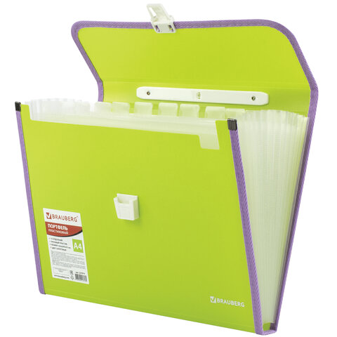 папка-портфель пластиковая brauberg "joy", а4 (330х245х35 мм), 13 отделений, с окантовкой, салатовая