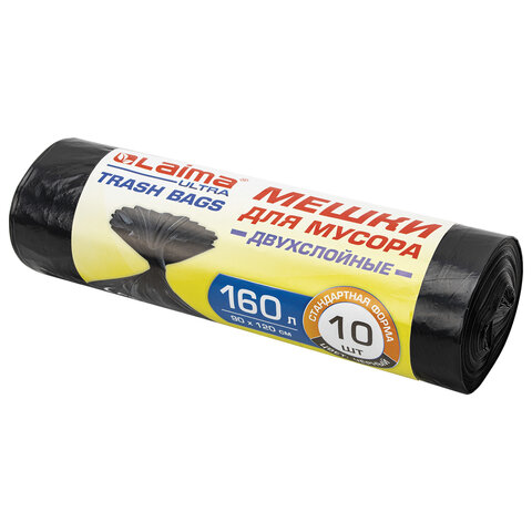 мешки для мусора laima "ultra" 160 л черные, рулон 10 шт. прочные, пвд 30 мкм, 90х120 см, 607694