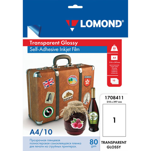 пленка lomond для струйных принтеров, самоклеящаяся, прозрачная, 100 мкм, а4, 10 шт., 1708411