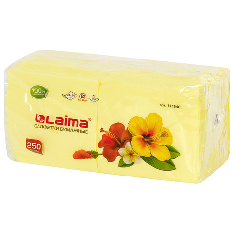 салфетки бумажные 250 штук, 24х24 см, laima, желтые, 100% целлюлоза, 111948