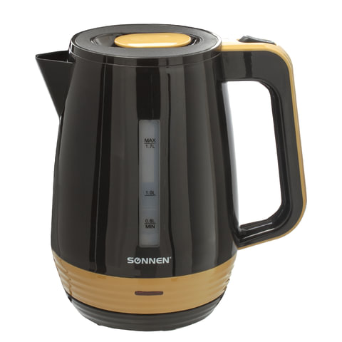 чайник sonnen kt-1776, 1,7 л, 2200 вт, закрытый нагревательный элемент, пластик, черный/горчичный, 4