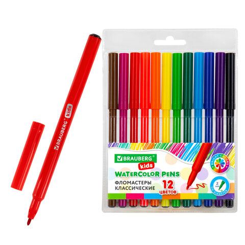 фломастеры brauberg kids классические 12 цветов, вентилируемый колпачок, пвх-упаковка, 152601