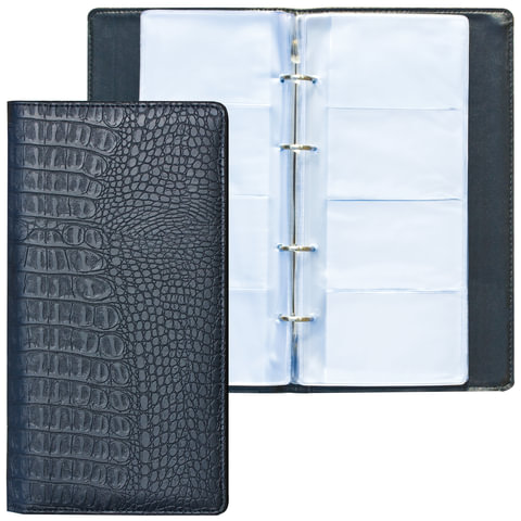 визитница на кольцах brauberg "cayman", на 240 визиток, под кожу крокодила, черная, 231763