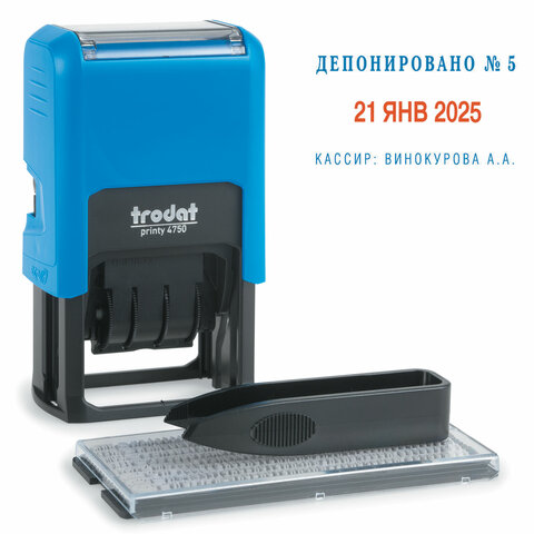 датер самонаборный, 2 строки + дата, оттиск 41х24 мм, сине-красный, trodat 4750, касса в комплекте, 