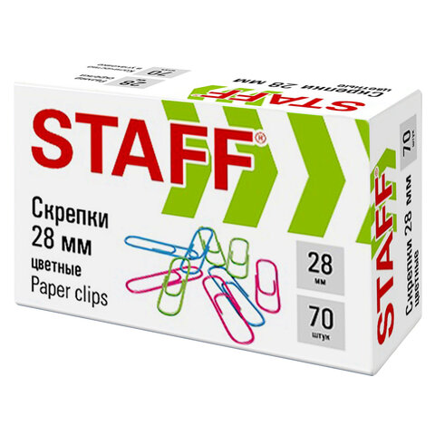 скрепки staff 28 мм, цветные, 70 штук, 271708