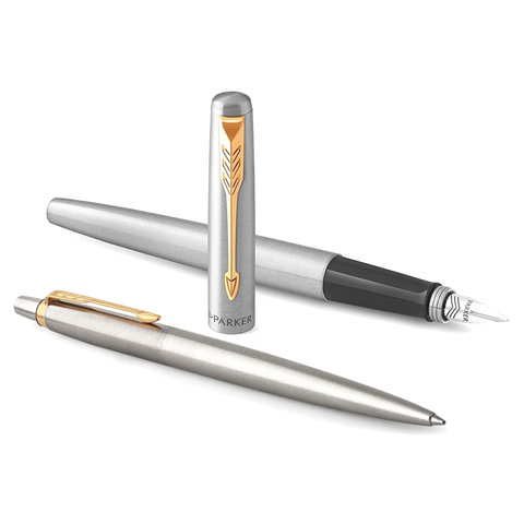 набор parker "jotter stainless steel gt": шариковая ручка синяя и перьевая ручка, 2093257