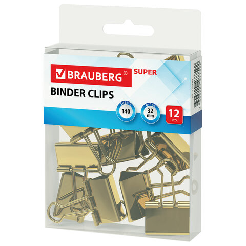 зажимы для бумаг brauberg extra, комплект 12 шт., 32 мм, на 140 л., золотистые, европодвес, 229587