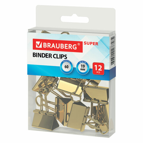 зажимы для бумаг brauberg extra, комплект 12 шт., 19 мм, на 60 л., золотистые, европодвес, 229586